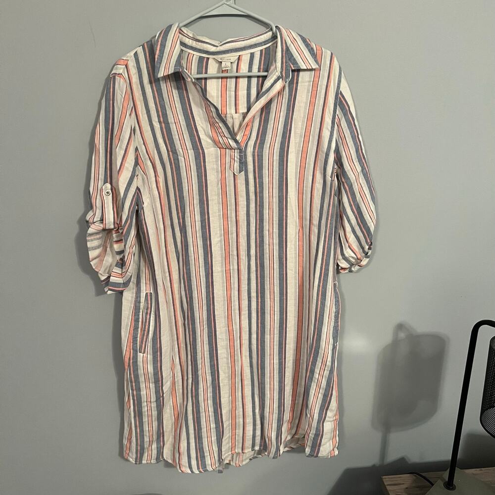 Cato Linen Blend Striped Mini Dress Women's Size Large w/ Pockets Open Collar